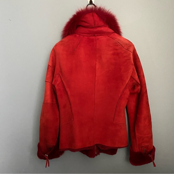 Ferrari red real shearling fur sheepskin moto biker apres ski jacket S - Picture 5 of 13